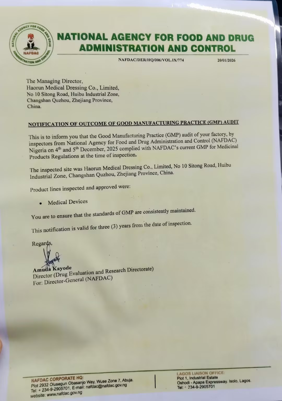 Haorun Medical Products recebe oficialmente certificação de registro NAFDAC na Nigéria